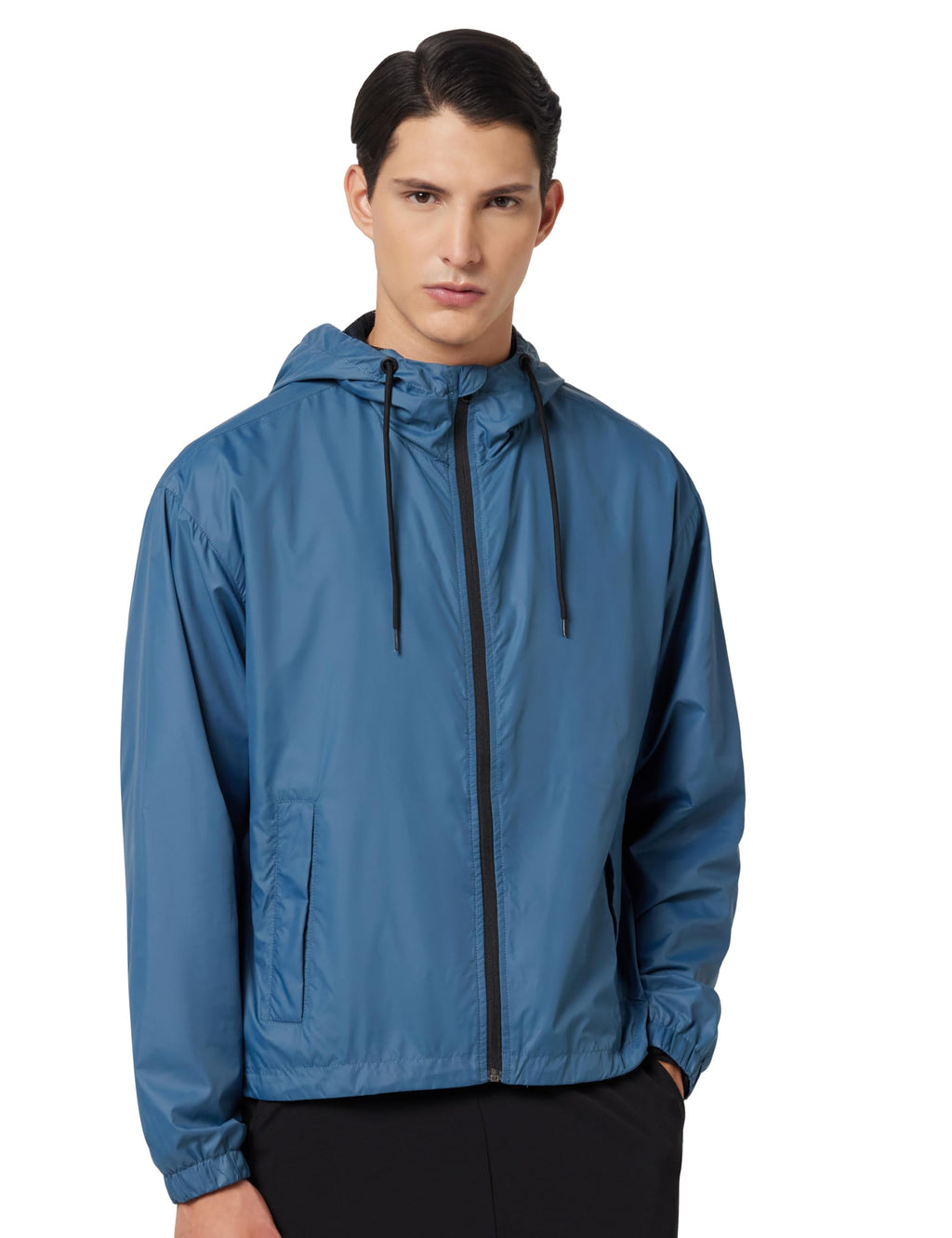 Bewakoof Air 1.0 Mens Solid Oversized Fit Full Sleeve Hooded Neck Nylon Windcheater Jacket_ 620120 Blue L