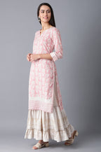 W For Woman Light Pink Floral Printed Cotton Regular Kurta with Sequins