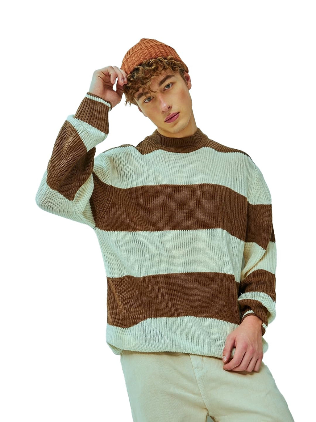 Bewakoof Mens Color Block Regular Fit Sweater_608091_Brown_XL
