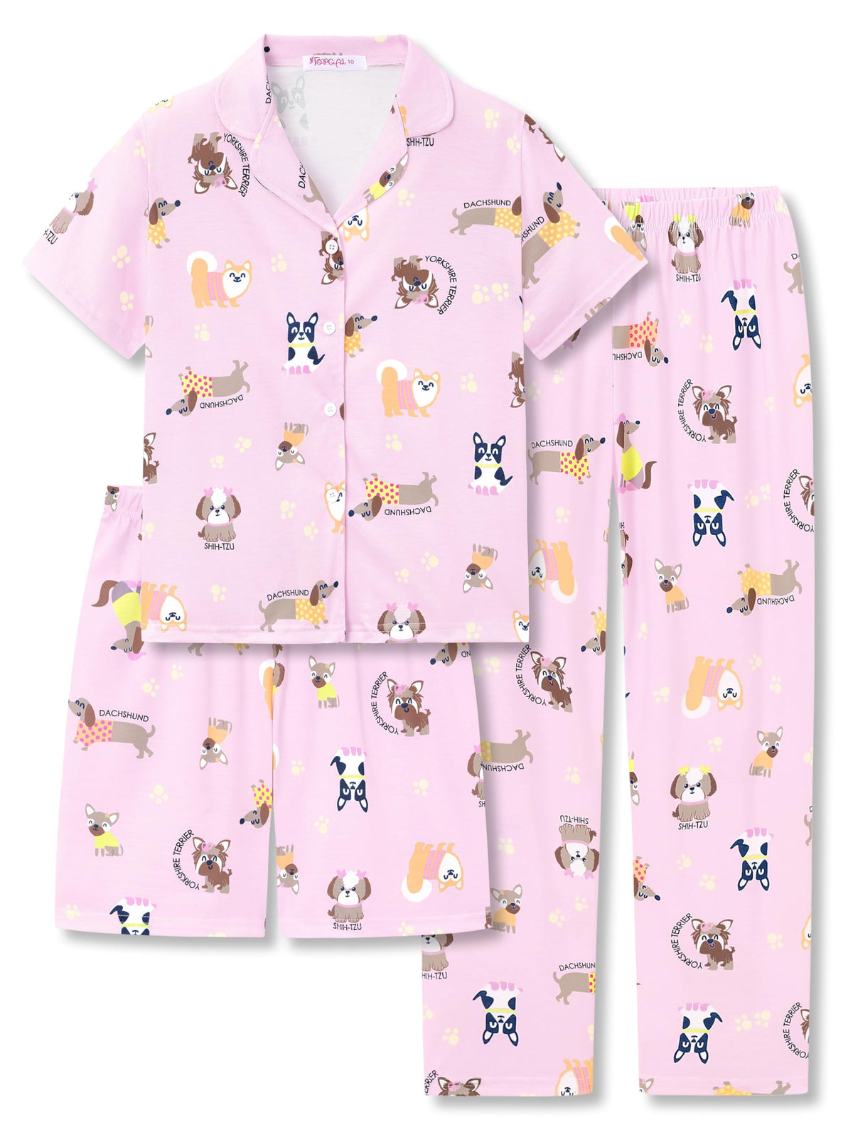 Topgal 3Pieces Coat Style Pajamas for Girls  Bows Puppy Graphic Print Kids Short Sleeves & Shorts Pants PJS Size 618, Puppy  12