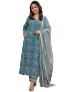 ANNI DESIGNER Womens Cotton Blend Block Printed Straight Kurta with Pant & Dupatta (Nihira Blue_S_Blue_Small)