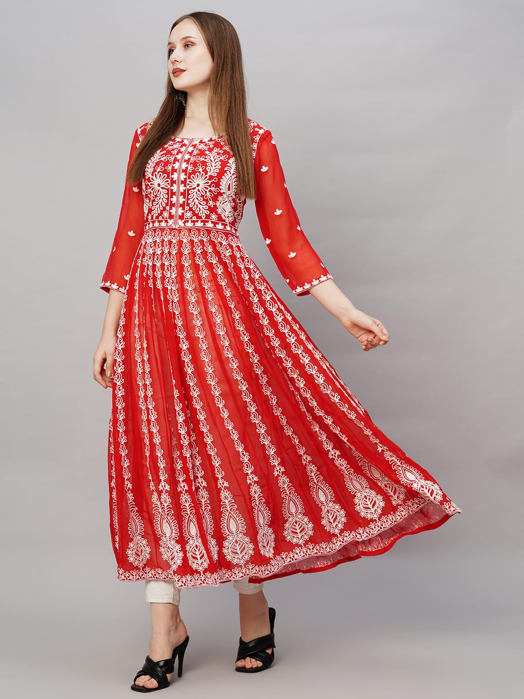 ANNI DESIGNER Womens Georgette Chikankari Embroidered Anarkali Kurti (Kari Red-KDS_M_Red_Medium)
