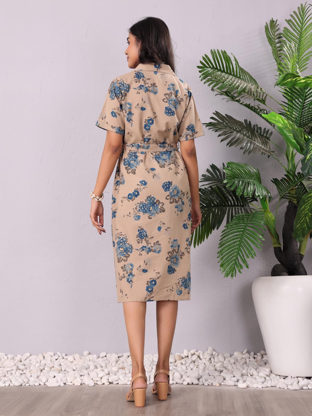 Varanga Women Floral Printed Shirt Dress  Stylish, Comfortable, And Versatile For Casual And Semi-Formal Looks Beige