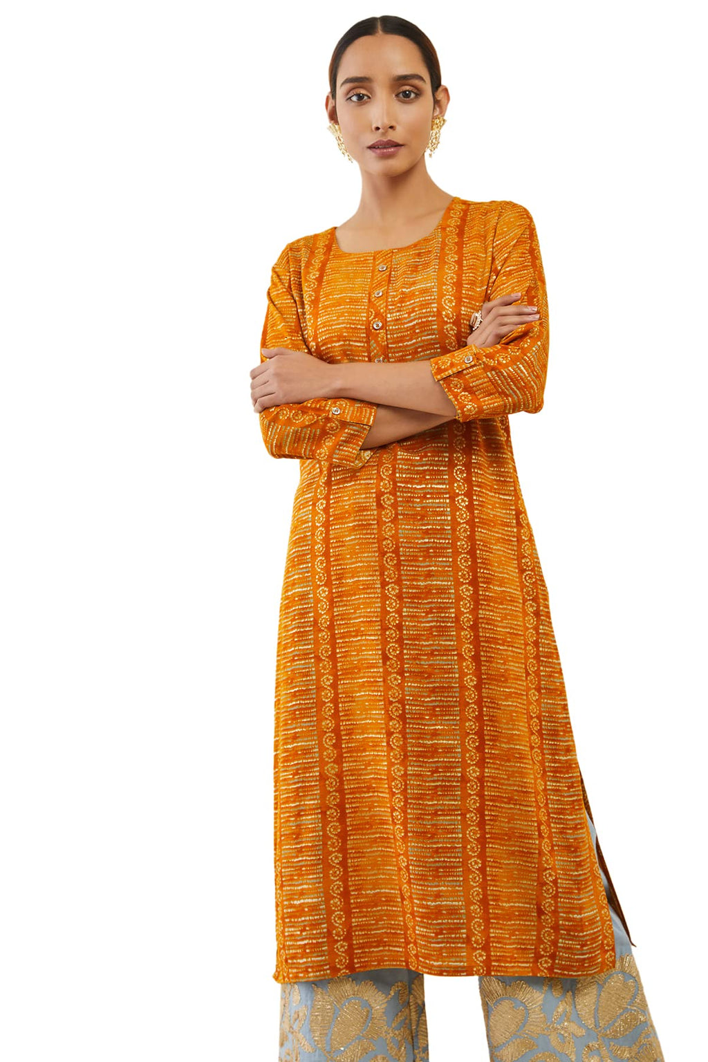 Soch Womens Mustard Rayon Straight Kurta With Shibori Block Print