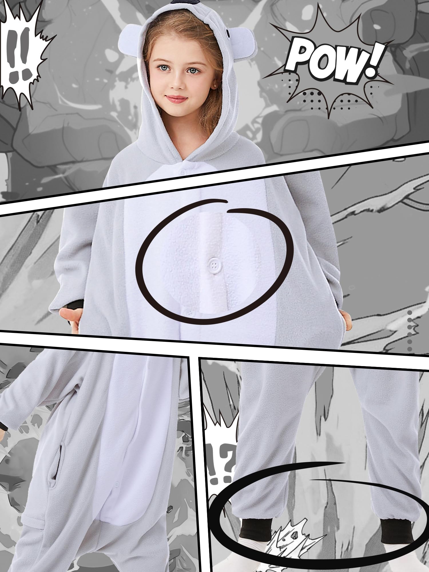 CANASOUR Koala Onesie Kids Halloween Cosplay Costume Girls One Piece Pjs Anime Unisex Hoodie Pajamas Grey For 6-8 Years Boys Par