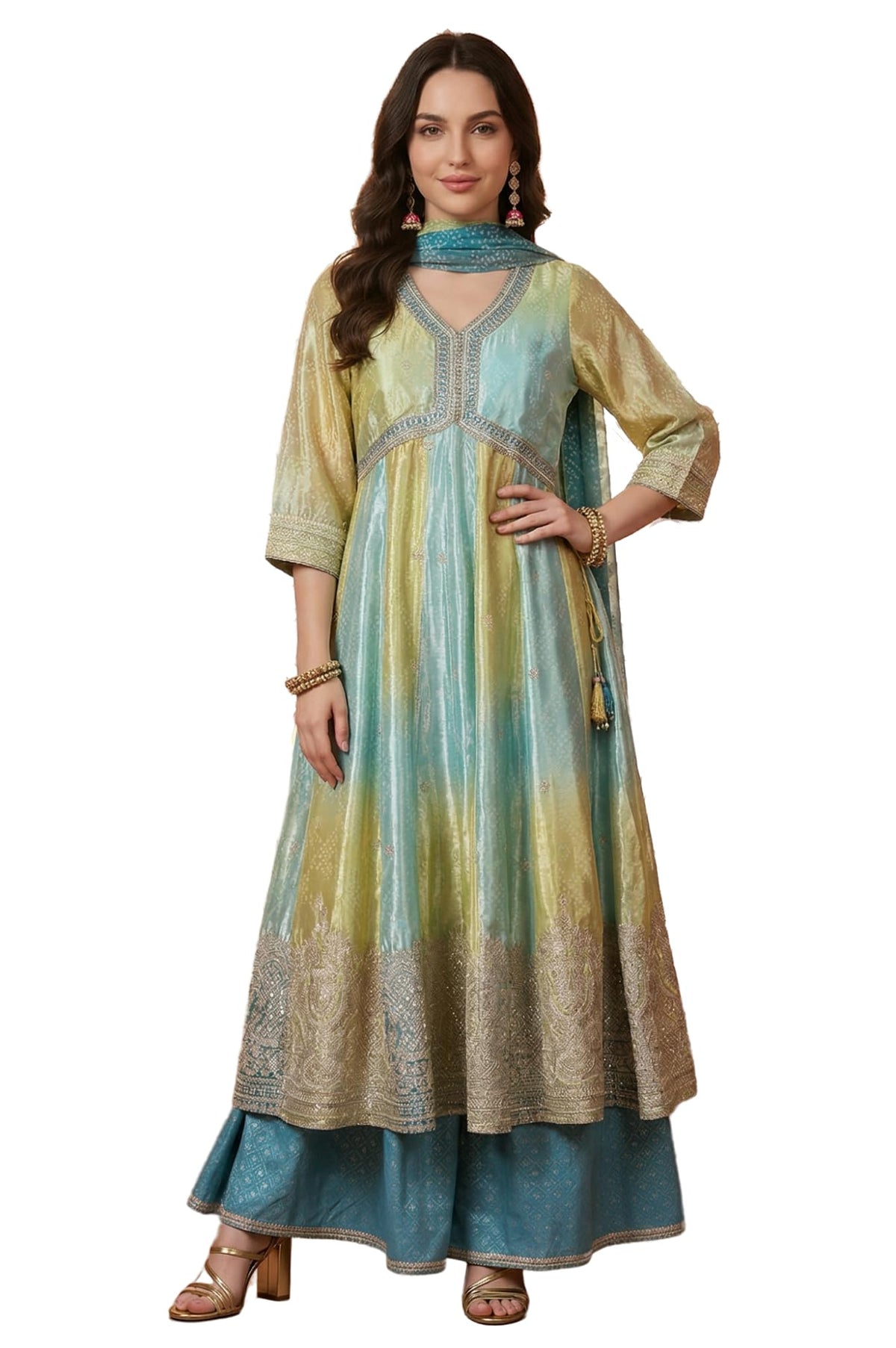 Aurelia WomenS Turquoise Blue And Lime Green Bandhani Zari Embroidered Anarkali Kurta With Palazzos & Dupatta Set - (Ad10762-E5