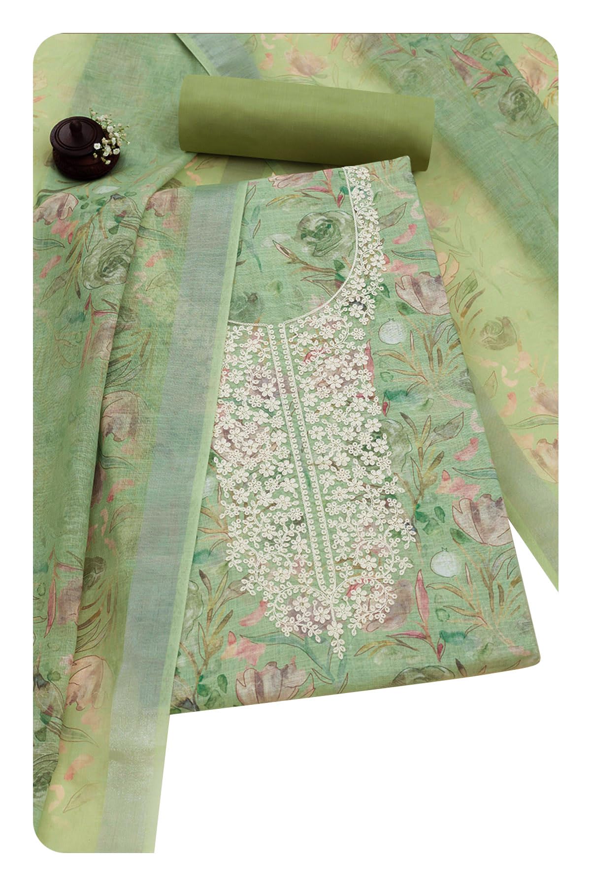 Soch Women Linen Botanical Print Unstitch Dress Material with Thread Work