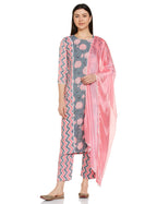Gosriki Women'S Cotton Blend Printed Straight Kurta With Pant & Dupatta (Rinki Grey_S-Go_Grey_Small)