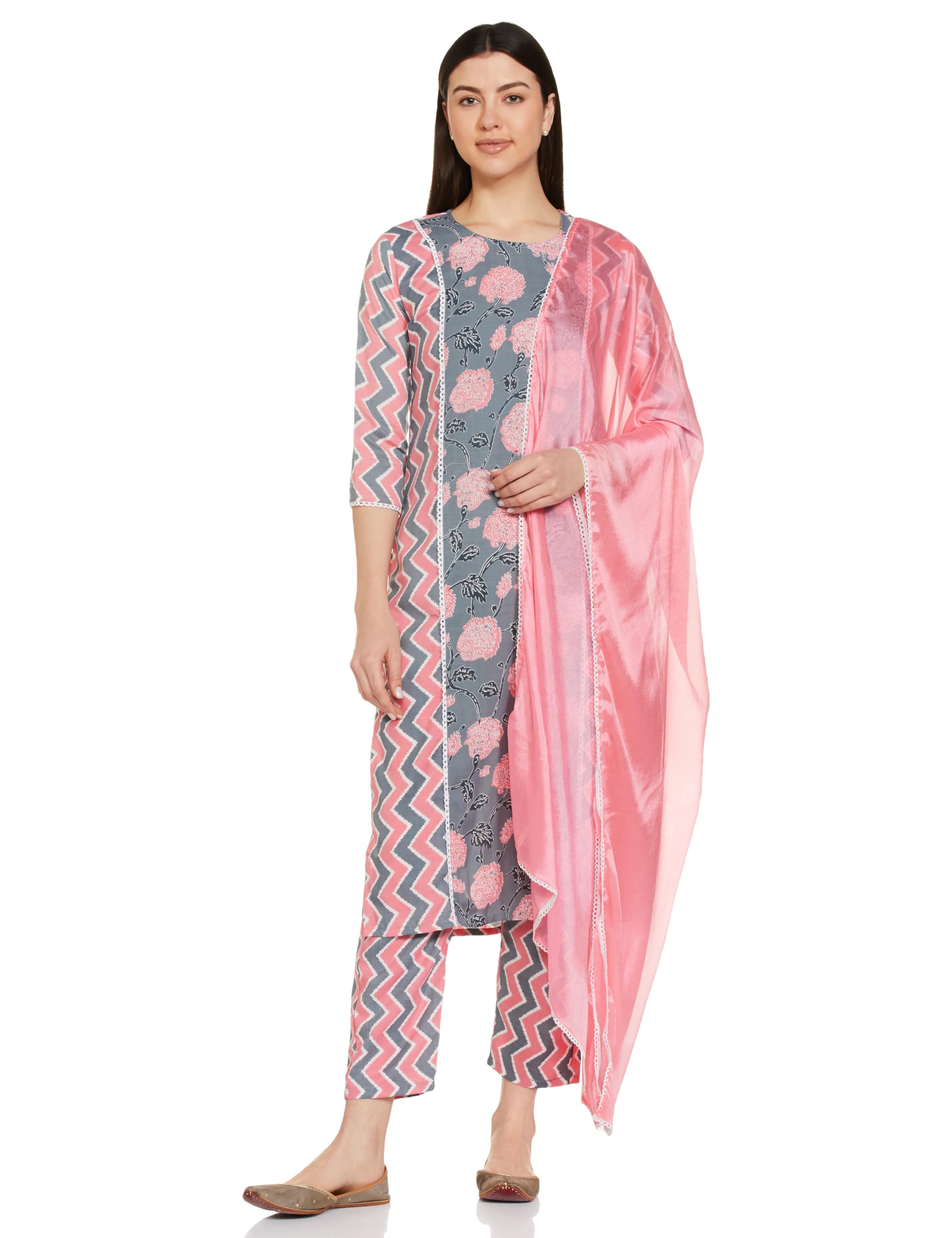 Gosriki Women'S Cotton Blend Printed Straight Kurta With Pant & Dupatta (Rinki Grey_S-Go_Grey_Small)