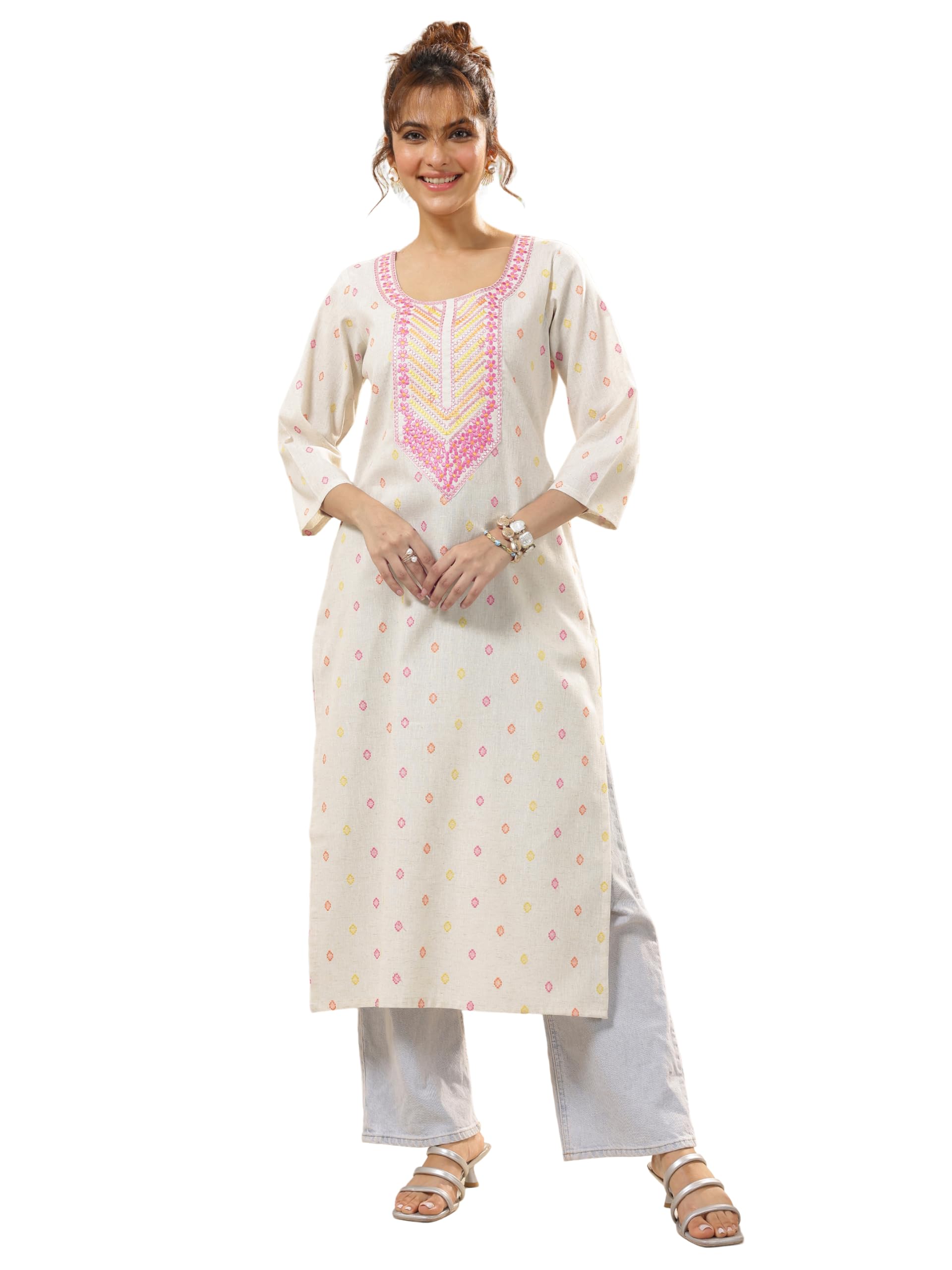 Libas Women Fit Cotton Floral Straight Fit Kurtas (29471O_Off White_L)