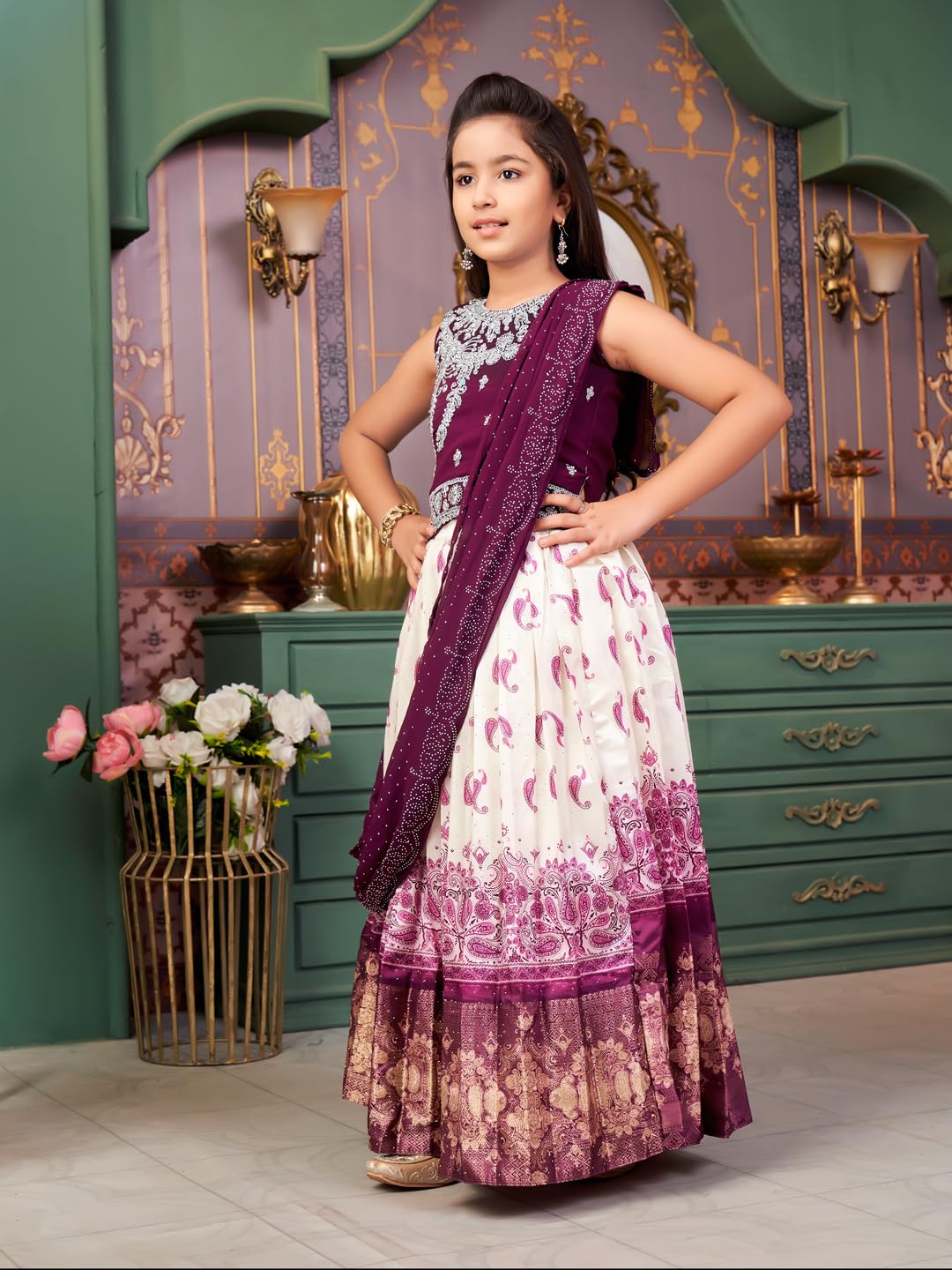 Aarika Girls Ethnic Wear Purple-Cream Colour Mirror Embroidery Georgette Lehenga Choli Set With Attached Dupatta-4-15 Years (Lch