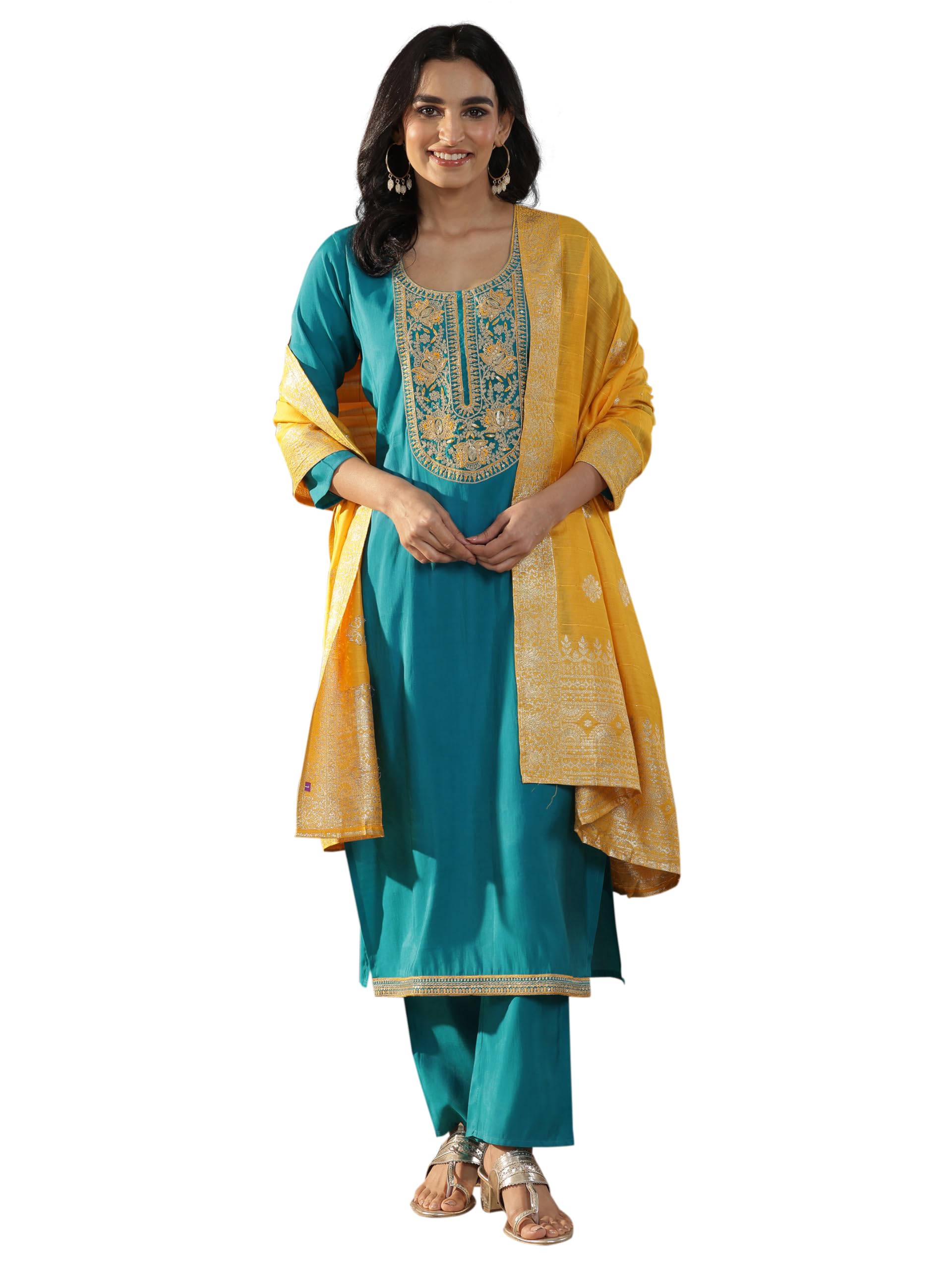 Gerua By Libas Womens Yoke Design Silk Blend Straight Kurta With Trousers And Dupatta