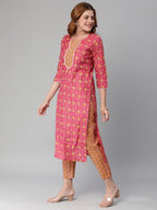 Anni Designer Women'S Cotton Blend Traditional Straight Printed Kurta With Pant (Mikaa Pink-Nw5)