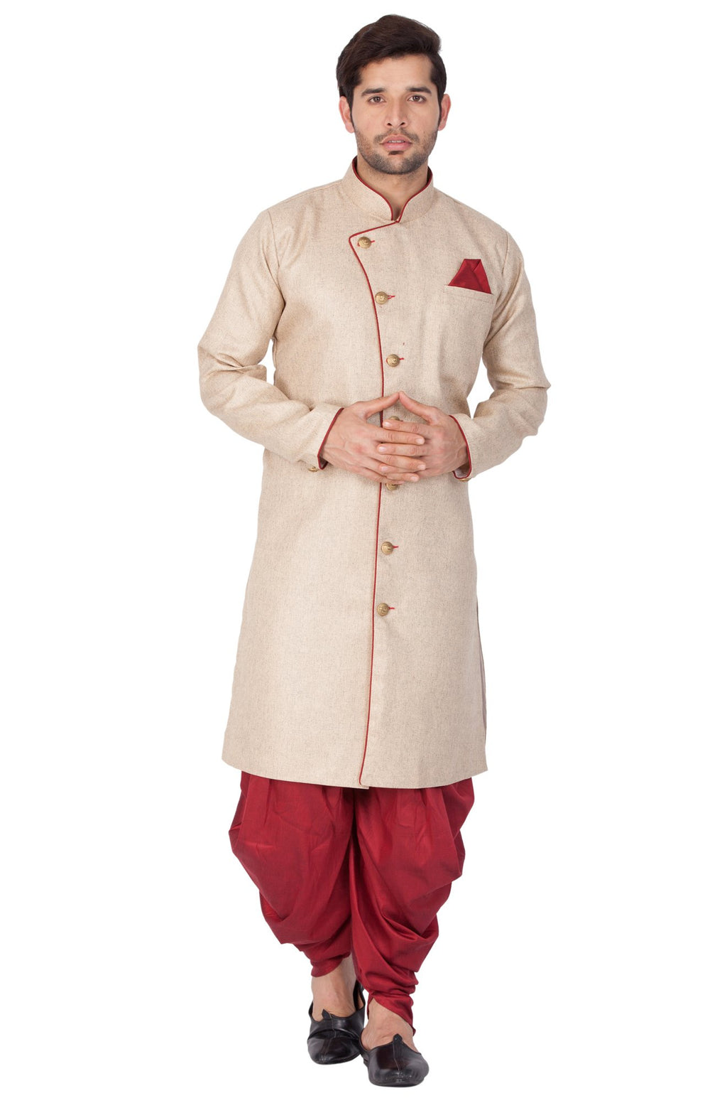 VASTRAMAY VM Mens Cotton Blend Biscuit Sherwani Patiala Dhoti Set - Regal Ethnic Ensemble for Weddings and Festivals_VASMSW124nC
