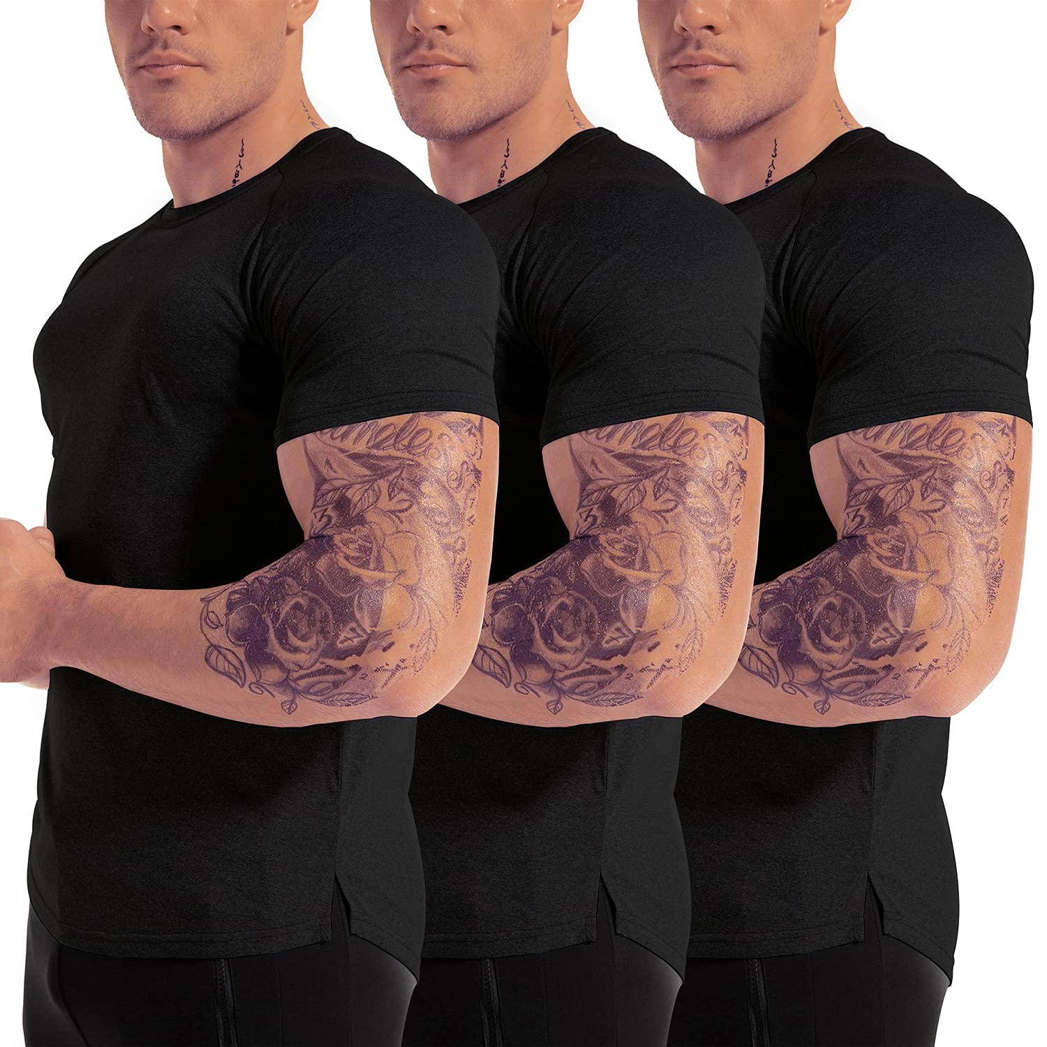 Men 's 3pack Dry Fit Workout Gym Short Sleeve T Shirt Moisture Wicking Active Athletic Performance Running Shirts(BKBKBK M)