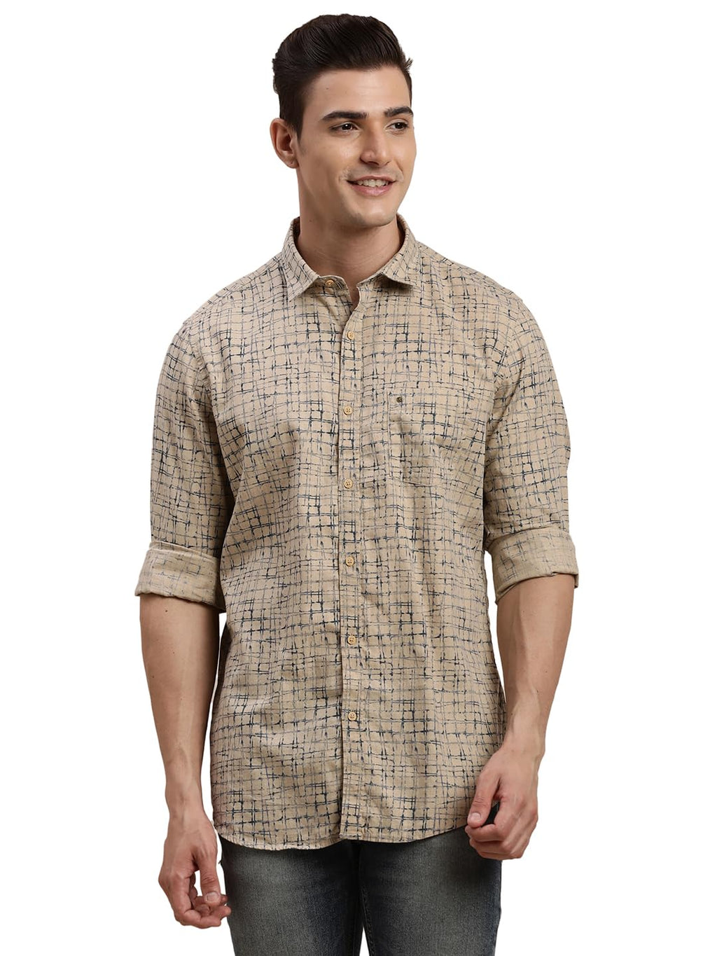 Turtle Men Cotton Melange Printed Slim Fit Brown Casual Shirt