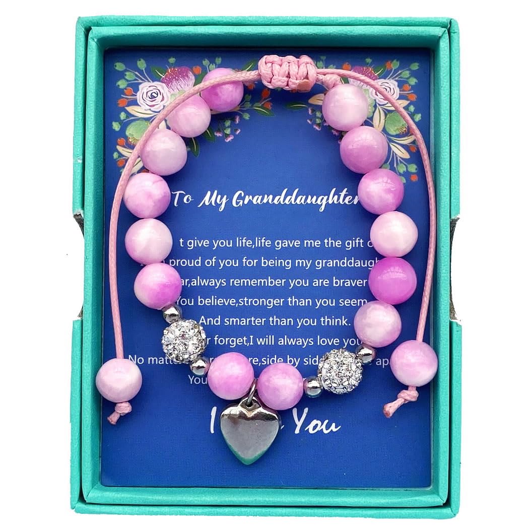 DOLON Peach Pink Glass Beaded Rhinestone Heart Charm Granddaugther Bracelet Jewelry Back to School Birthday Christmas Holiday Gi