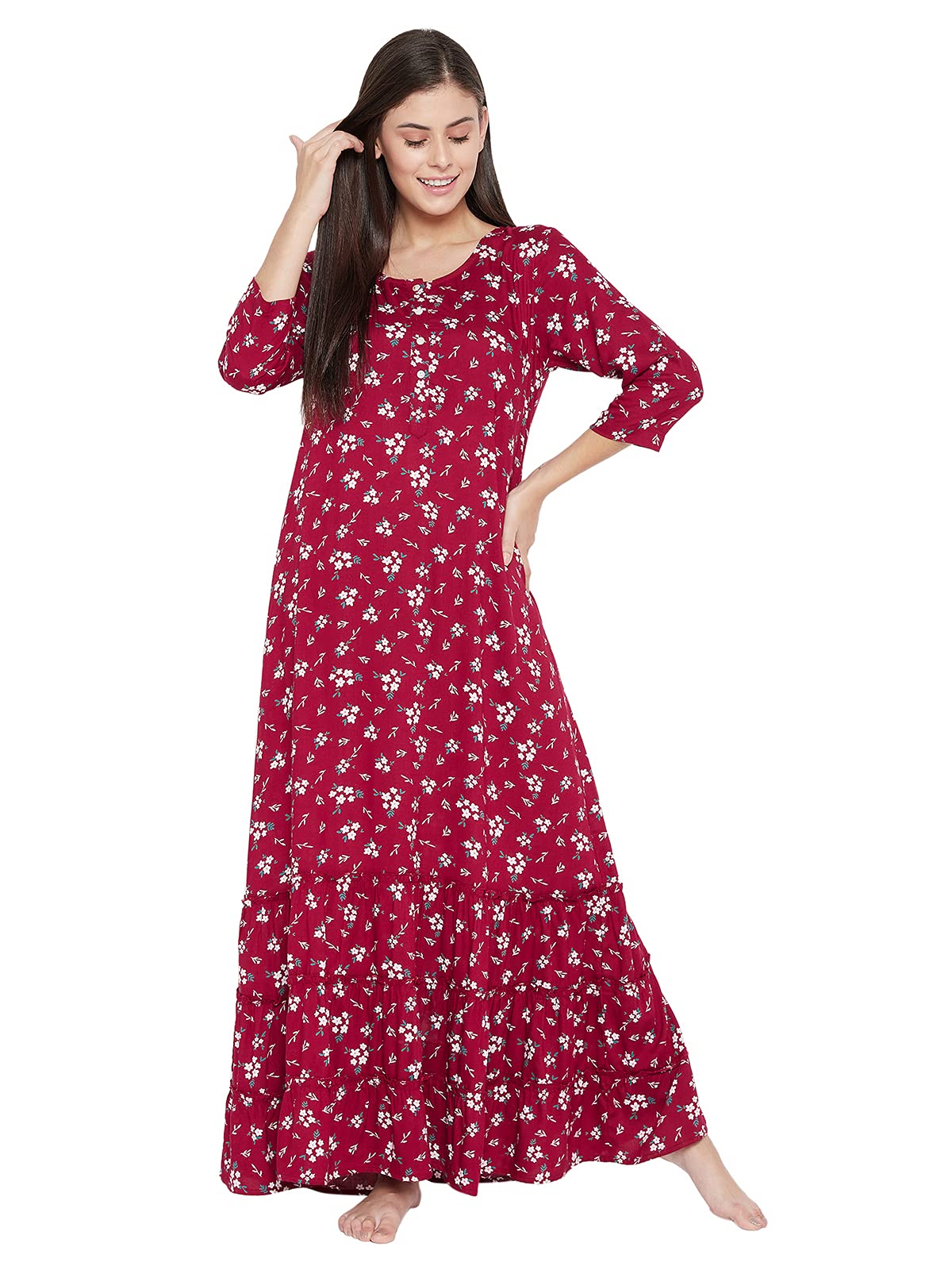 Clovia Womens Cotton Floor Length Casual Nightgown (NS1359P09S_Maroon_S)