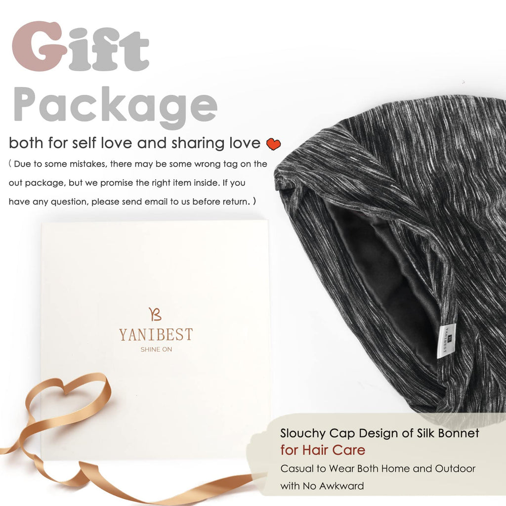 Yanibest 100% Mulberry Silk Lined Sleep Cap Christmas Silk Bonnet for Sleeping - Dark Black Hair Cover Bonnet for Natural Hair A