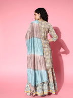 Ishin Women'S Cotton Multicolor Embroidered A-Line Kurta Set With Sharara & Dupatta