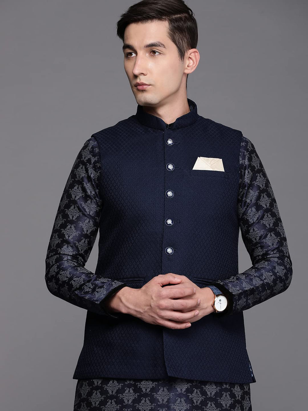 Manyavar Mens Jacket, Nehru Jacket for Men, Ethnic Jacket for Festival, Wedding, Party, Sleevless Jacket Blended Viscose (Blue,