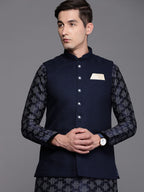 Manyavar Mens Jacket, Nehru Jacket for Men, Ethnic Jacket for Festival, Wedding, Party, Sleevless Jacket Blended Viscose (Blue,