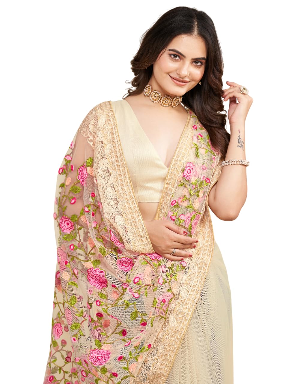 VAIRAGEE Women Soft Net Biege Embroidery Saree 6079_1