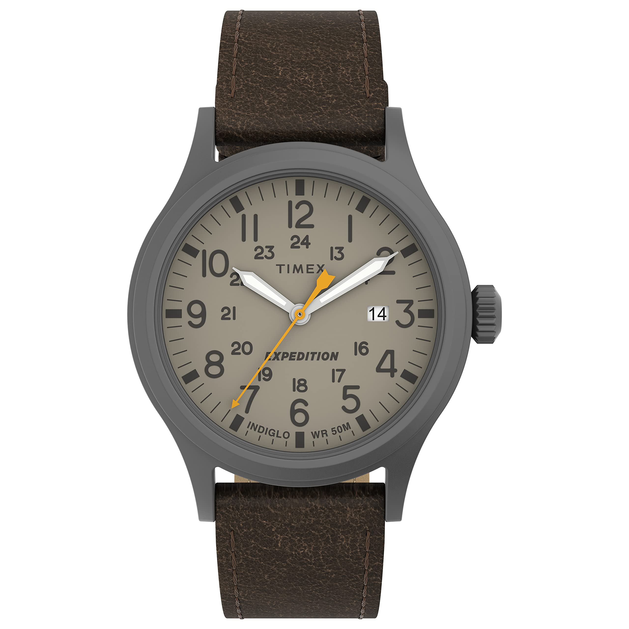 Timex Men's Expedition Scout 40mm Watch - Gunmetal Case Khaki Dial with Dark Brown Leather Strap