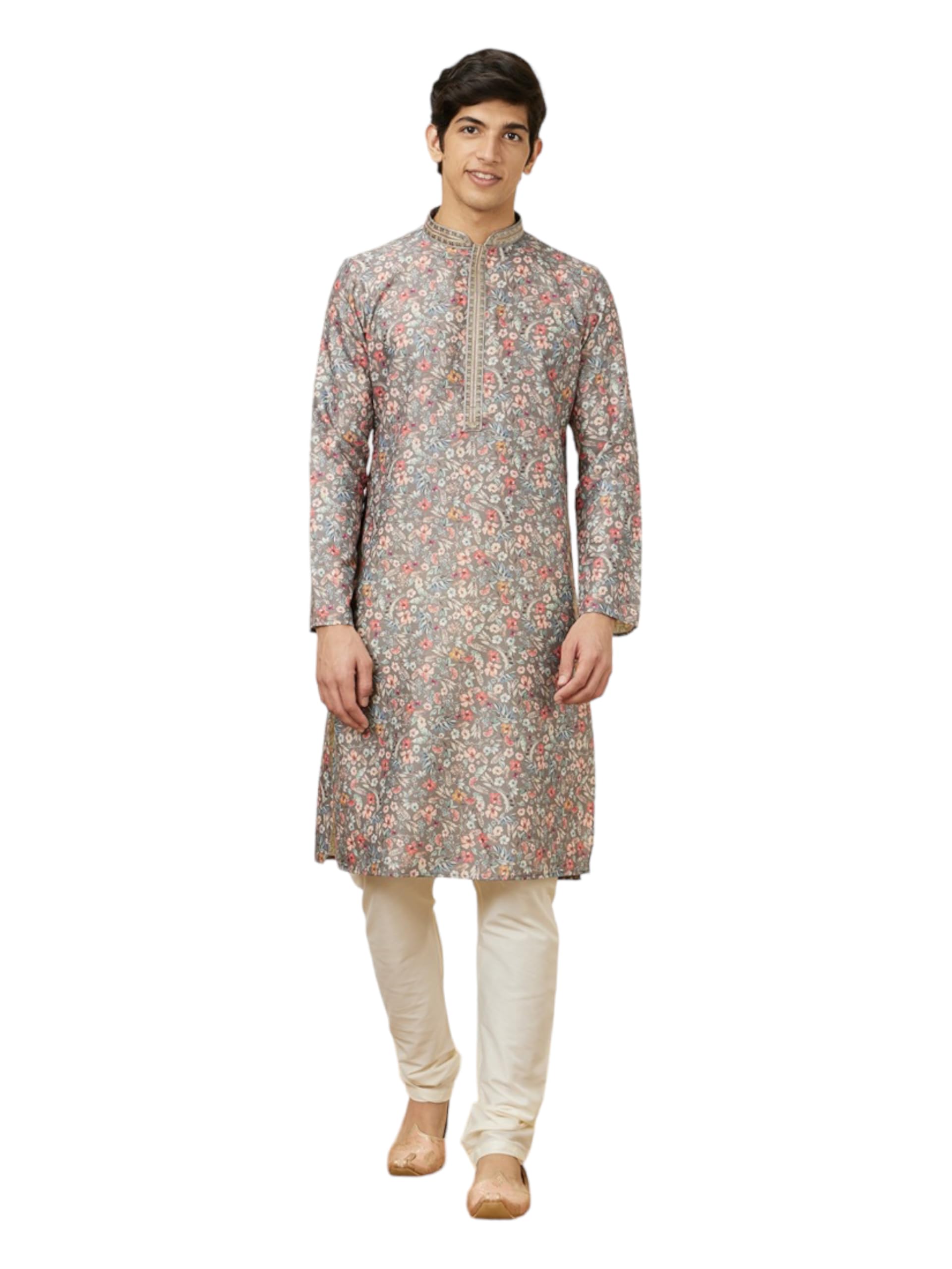Manyavar Mens Dark Grey Cotton Kurta Churidar Set