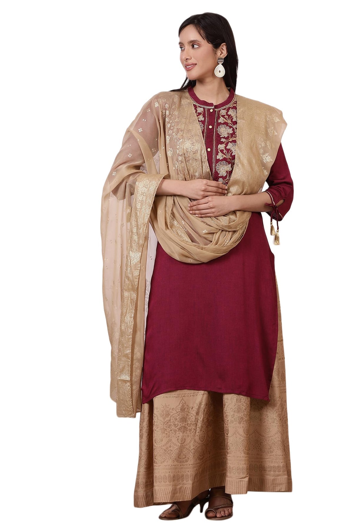 Aurelia Womens Dark Pink Zari Embroidered Straight Kurta, Flared Skirt and Dupatta Set (Size: S)-ONAS13476-702839