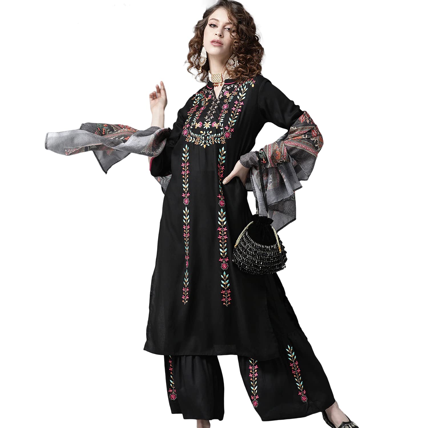 Ishin Women'S Rayon Black Embroidered A-Line Kurta Set With Sharara And Dupatta