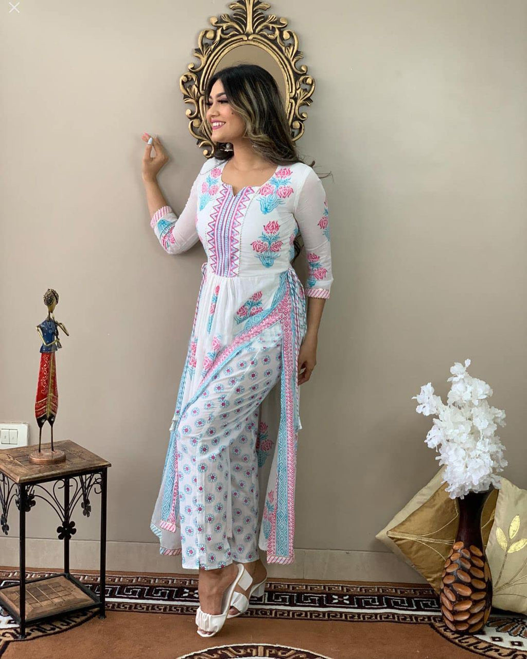 ANNI DESIGNER Womens Cotton Blend Printed Straight Kurta with Pant (Pupet White_XXL_White_XX-Large)