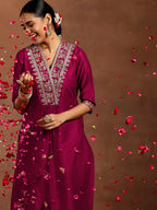 Libas WomenS Silk Embroidered Regular Kurtas (G2744R Maroon
