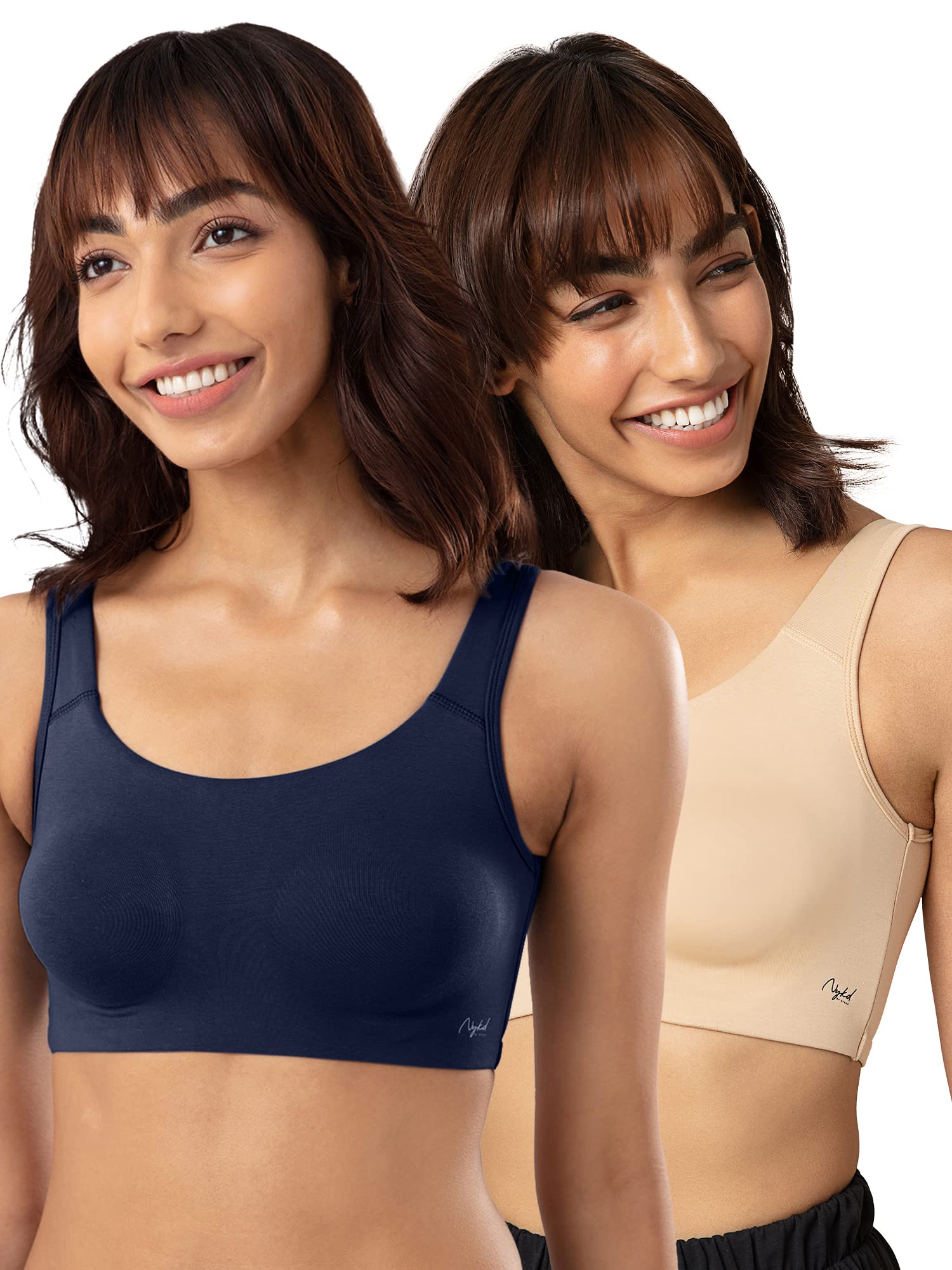 NYKD Womens Cotton Non Padded Wire Free Everyday Bra Bra, NYB113PO2, Peacoat, Skin, XS, 2N