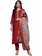 Varanga Women Red Round Neck Placement Embroidered Kurta Paired With Tonal Bottom & Printed Dupatta