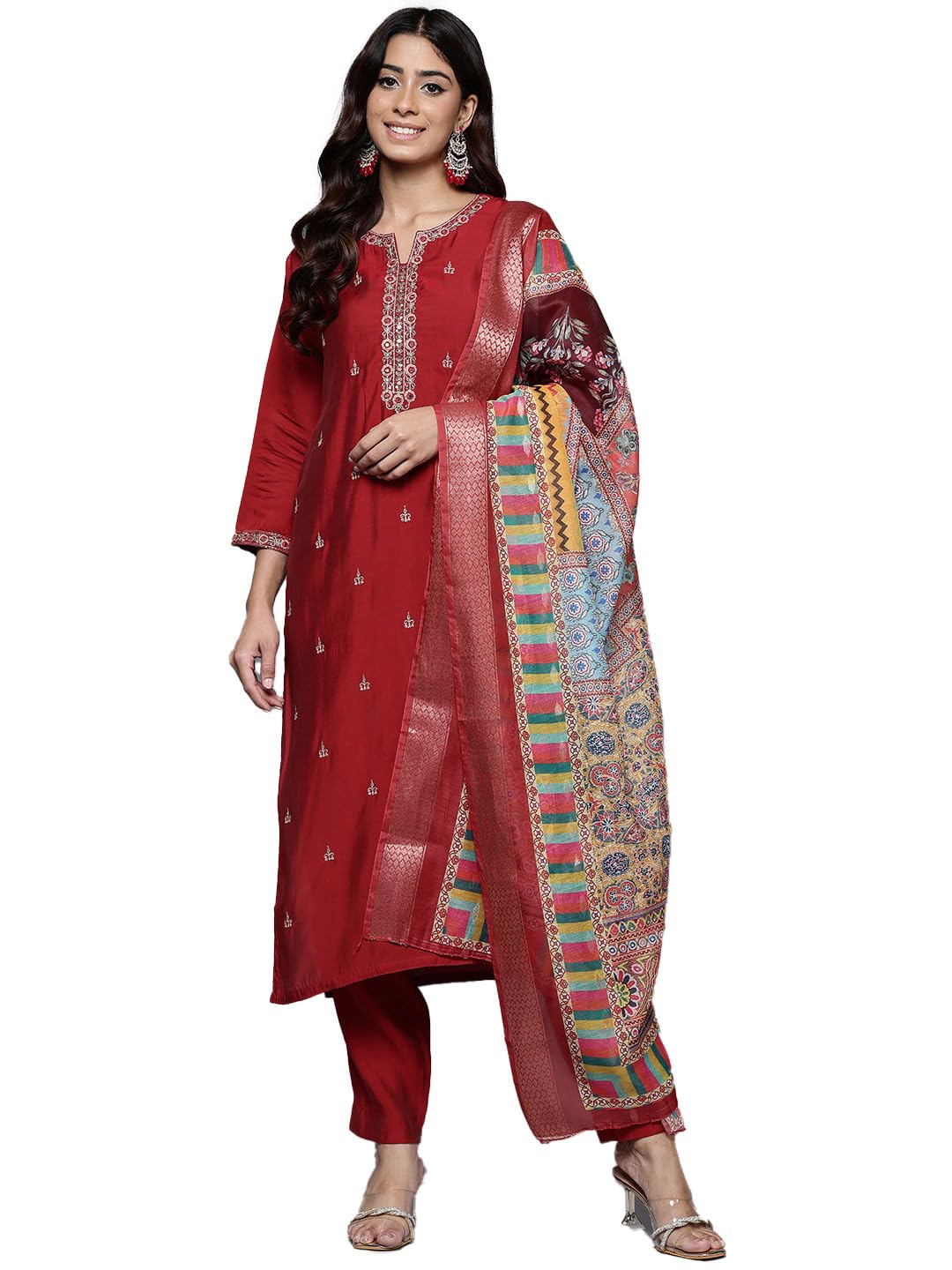 Varanga Women Red Round Neck Placement Embroidered Kurta Paired With Tonal Bottom & Printed Dupatta
