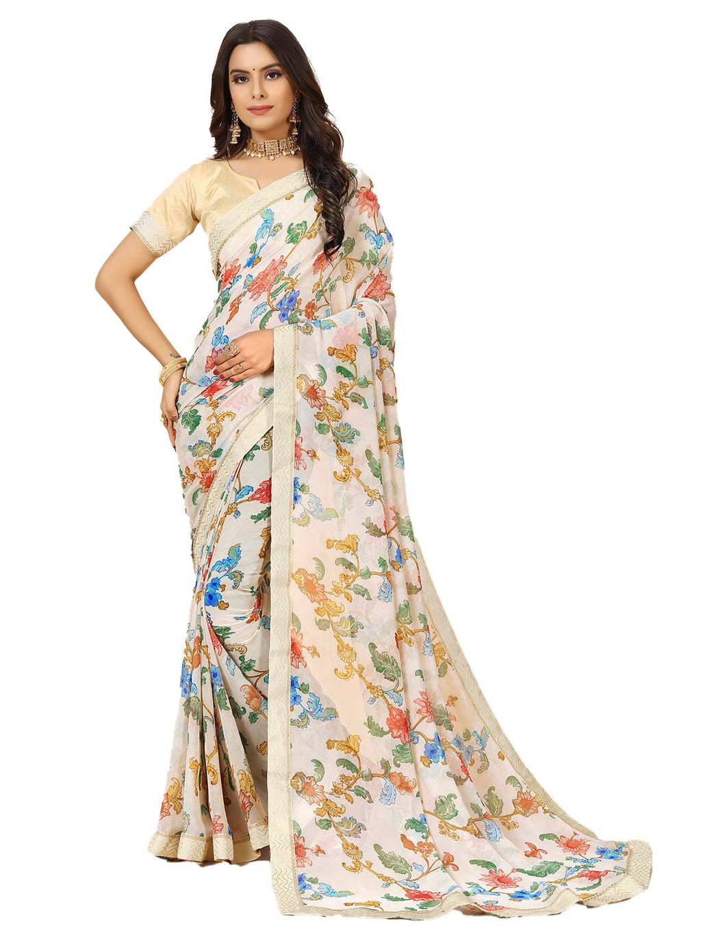 rangita Women Floral Printed Georgette Saree With Blouse Piece - Off White (SIZE 5.5 MTR)