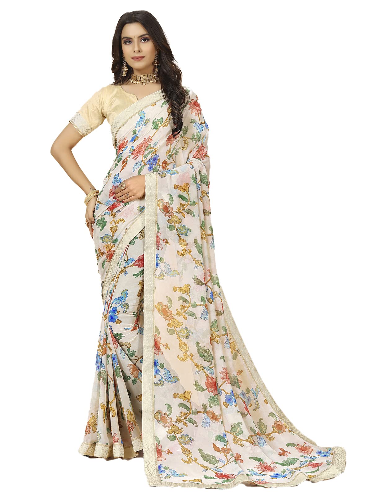 rangita Women Floral Printed Georgette Saree With Blouse Piece - Off White (SIZE 5.5 MTR)