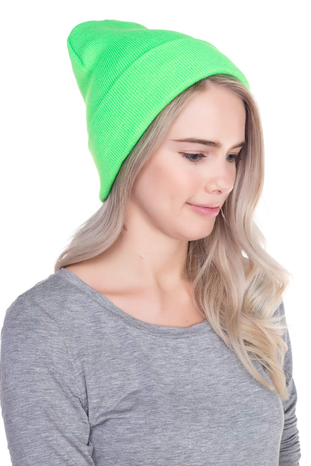 Top Level Beanie Men Women - Unisex Cuffed Plain Skull Knit Hat Cap, Neon Green