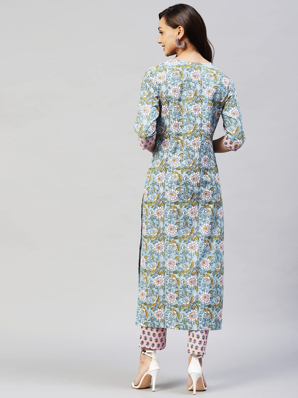 ANNI DESIGNER Womens Cotton Blend Straight Printed Kurta with Pant (Nampati) Blue
