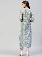 ANNI DESIGNER Womens Cotton Blend Straight Printed Kurta with Pant (Nampati) Blue