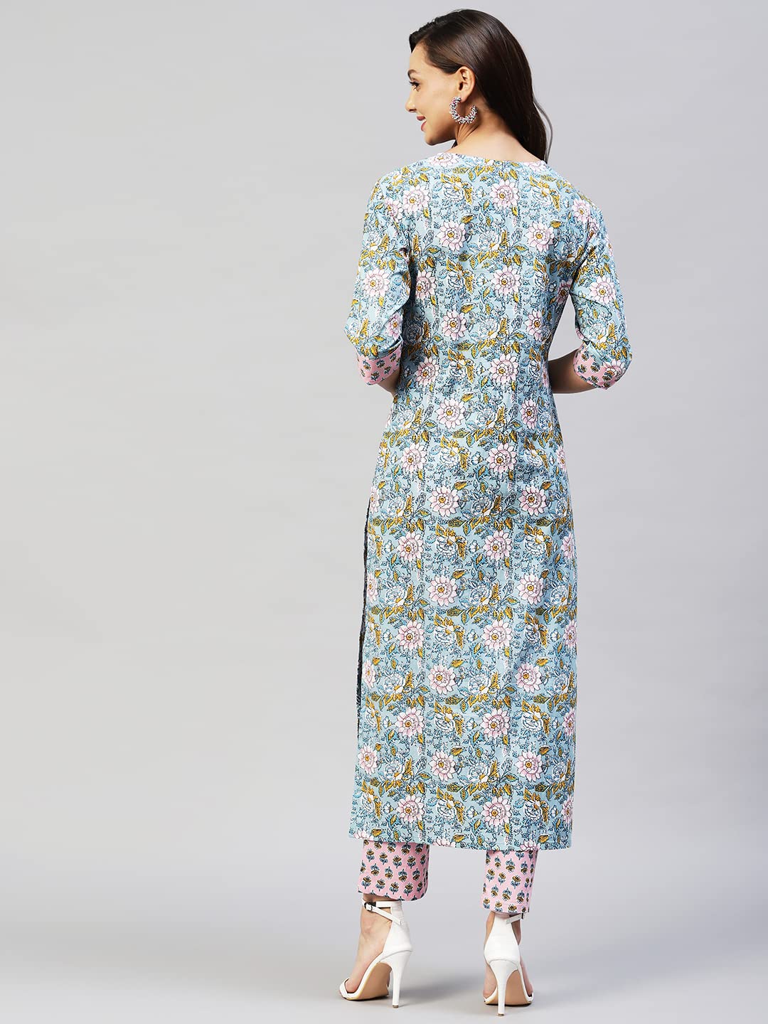 ANNI DESIGNER Womens Cotton Blend Straight Printed Kurta with Pant (Nampati) Blue