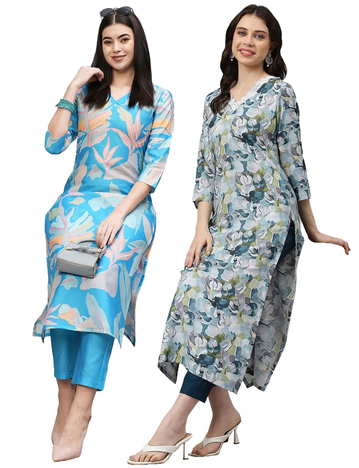 Gosriki Women'S Cotton Blend Printed Straight Kurta With Pant Pack Of 2 (Jonaki Blue-Southz Blue-Gs_M_Multi_Medium)