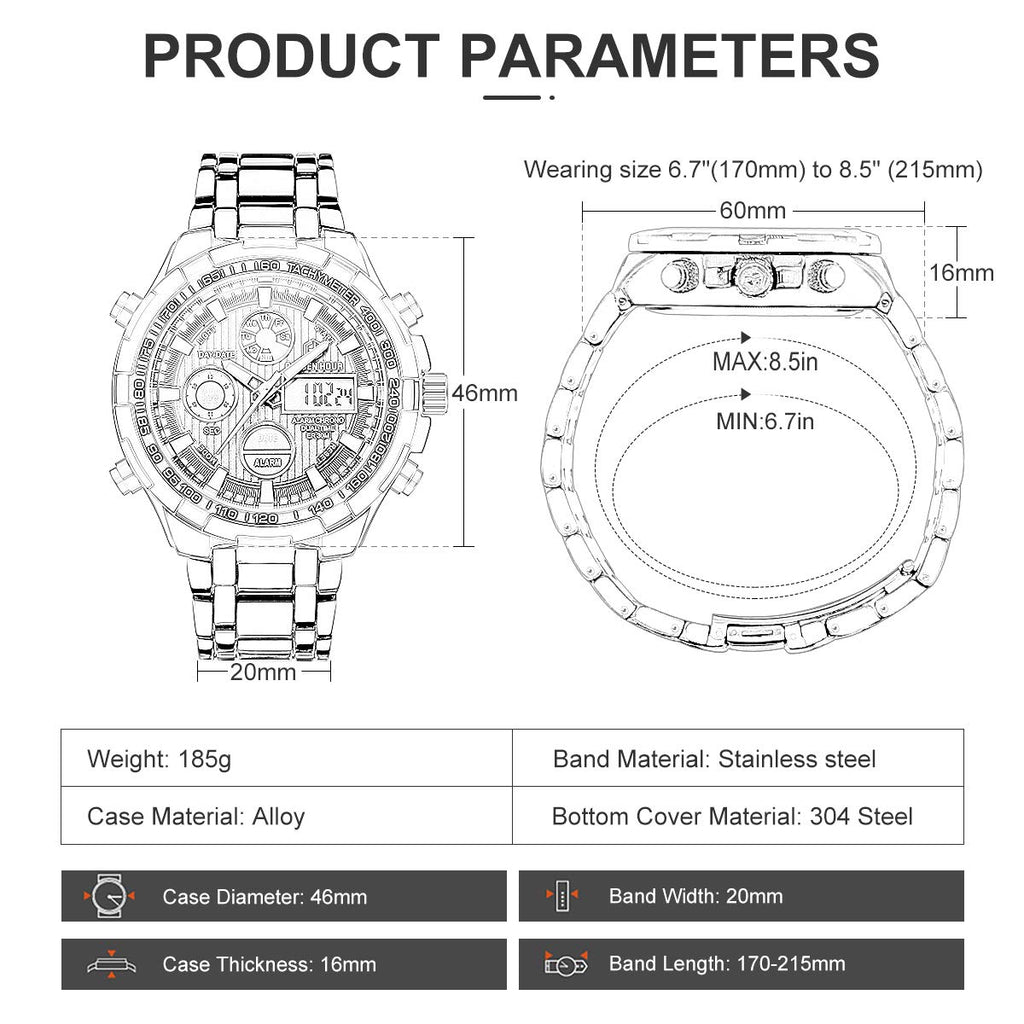 GOLDEN HOUR Luxury Stainless Steel Analog Digital Watches for Men Male Outdoor Sport Waterproof Large Big Size Heavy Wristwatch