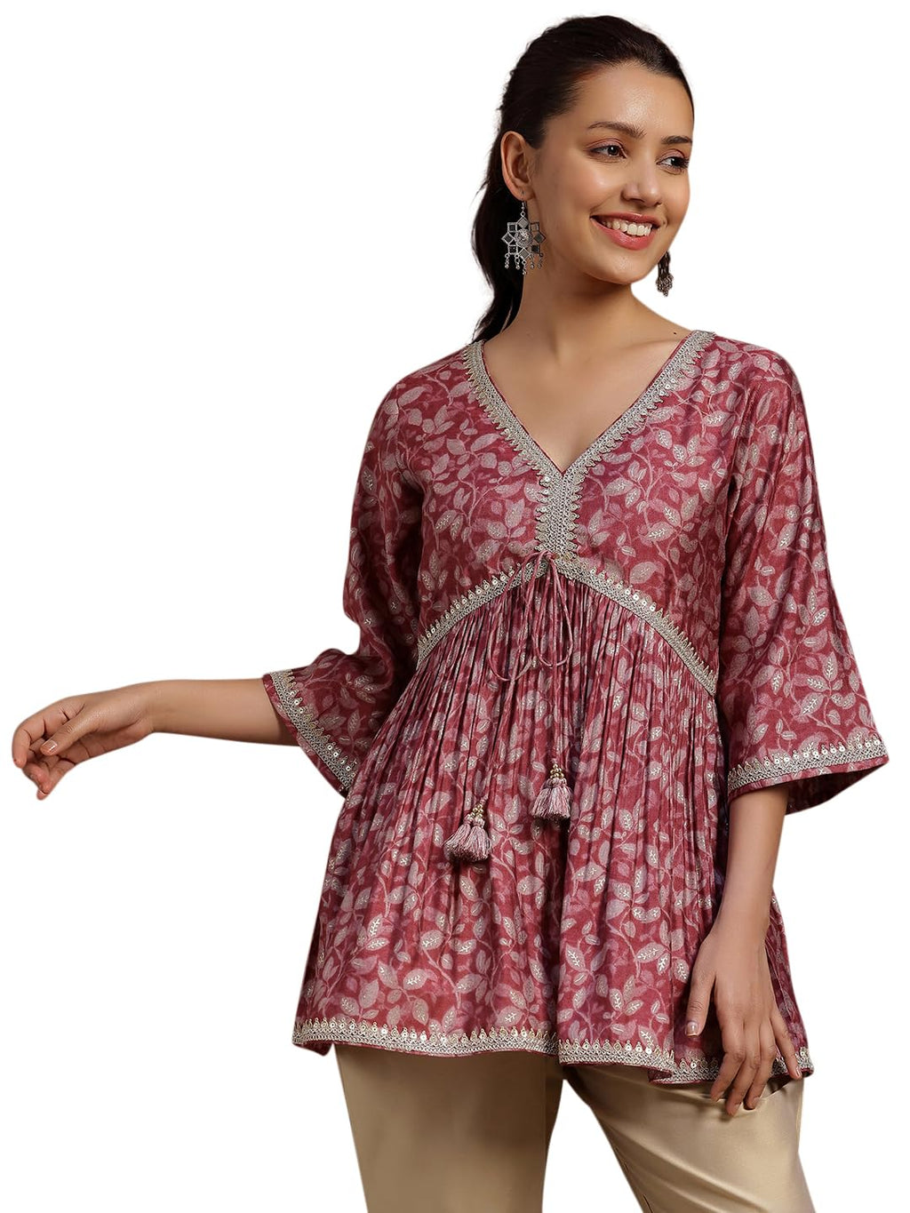 Libas Womens Printed Silk Blend A-Line Kurti For Women Pink