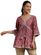 Libas Womens Printed Silk Blend A-Line Kurti For Women Pink