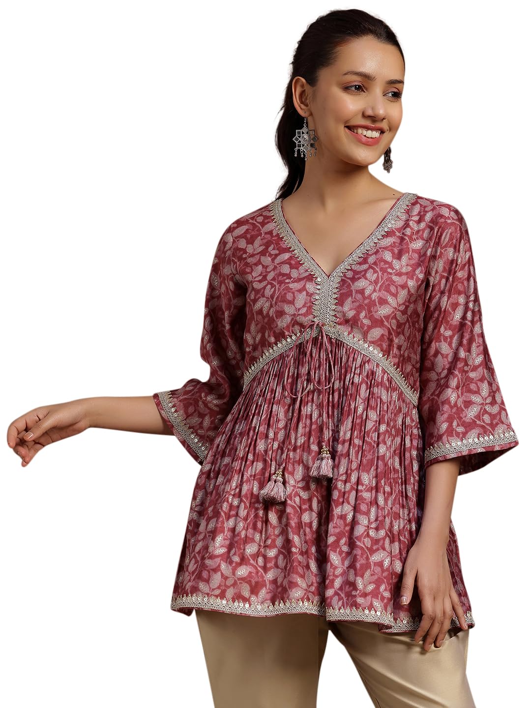 Libas Womens Printed Silk Blend A-Line Kurti For Women Pink