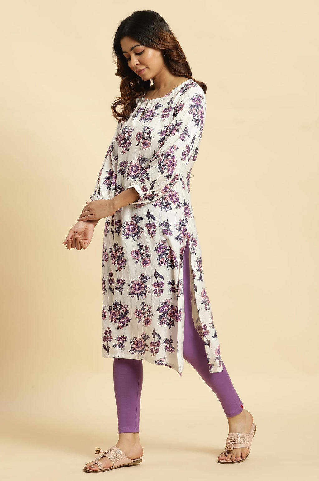 W White Floral Printed Gota Regular Kurta For Women