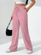 Sugathari Womens Baby Pink Loose Wide-Leg Pants with Textured Wrinkled Fabric and Drawstring Waist Long Trousers (Trouser 157 B