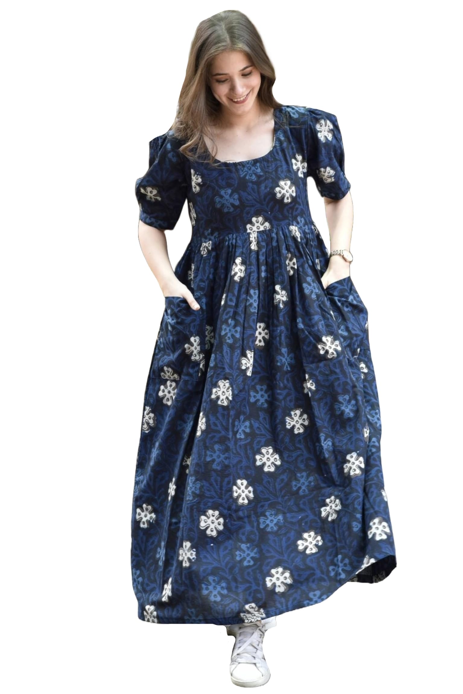 Gosriki WomenS Rayon Floral Printed Long Gown Maxi Dress (Aapti Blue-Vks01-Gs_L_Blue_Large)